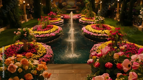A vibrant garden with colorful flowers and a central fountain, creating a serene atmosphere.