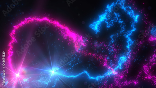 Blue and Pink Wavy Light Lines Crossing Turbulence Particles and Lens Flares, Widescreen 4K Resolution