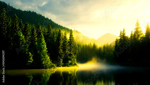 Serene landscape featuring a tranquil lake surrounded by dense forest, illuminated by soft sunlight filtering through the trees, creating a peaceful natural atmosphere. photo