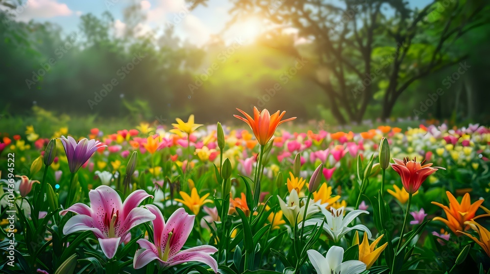 Obraz premium A vibrant flower field basking in sunlight, showcasing a variety of colorful blooms.