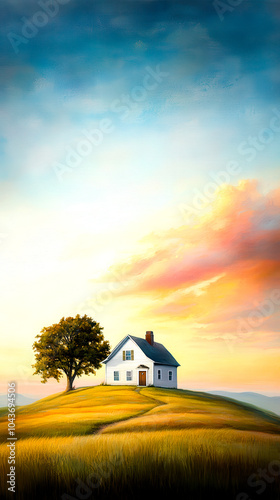 A serene countryside landscape featuring a charming white house on a hill, surrounded by golden fields and a lone tree, with a colorful sunset sky in the background.