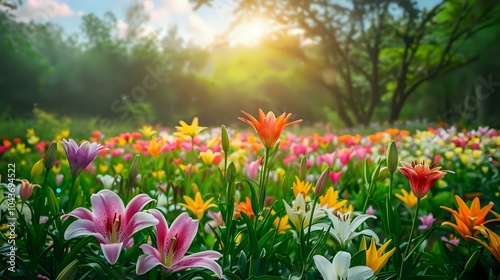 A vibrant flower field basking in sunlight, showcasing a variety of colorful blooms.