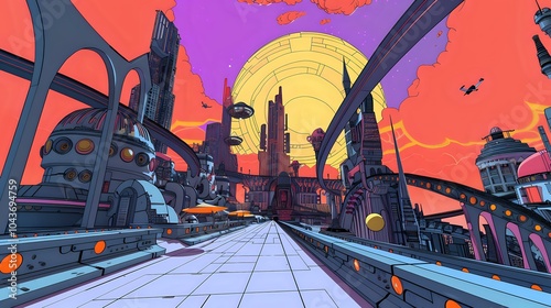 A vibrant futuristic cityscape with towering structures and a colorful sky.