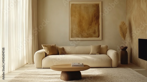 Cozy minimalist living room with a beige sofa, abstract art on the walls, and minimal decor, warm tones, modern comfort