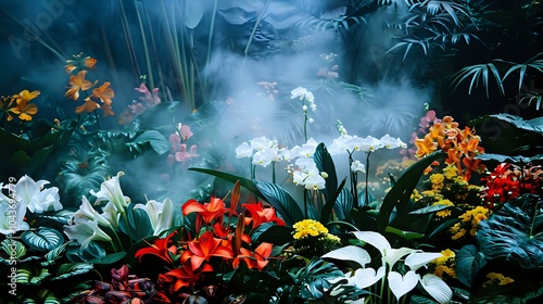 A vibrant garden filled with colorful flowers amidst misty surroundings.