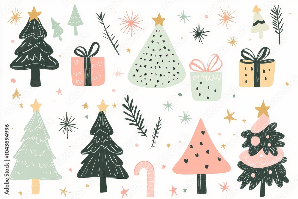 Stylish Clip Art Set with Cute Hand-drawn Christmas Trees, Presents, and Stars in Pastel Tones on White Background for Greeting Cards and Stationery Design Stylish Clip Art Set with Cute Hand-drawn Christmas Trees, Presents, and Stars in Pastel Tones on White Background for Greeting Cards and Stationery Design