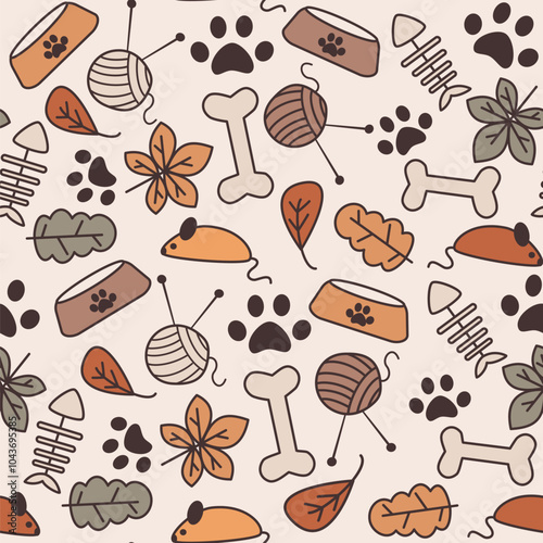 cute hand drawn seamless vector pattern background illustration for autumn season with foliage, fish bones, pet bowls, bones, yarn balls, mouse toy and brown paw prints
