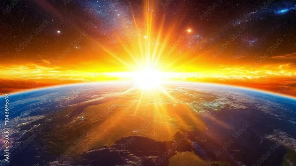 A stunning sunrise over Earth, showcasing vibrant colors and cosmic elements.