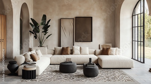 Minimalist living room with a cozy neutraltoned sofa, geometric patterned rug, and a few wellplaced decor items, balanced simplicity, modern warmth