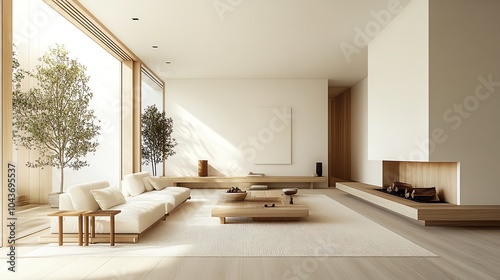 Minimalist living room with a Scandinavian design, featuring light wood furniture, white walls, and a minimalist fireplace, Nordic style, clean design