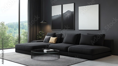 Minimalist living room with a sleek black couch, glass coffee table, and neutraltoned walls, modern minimalism, simple elegance