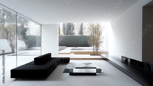 Minimalist living room with a sleek black couch, glass coffee table, and neutraltoned walls, modern minimalism, simple elegance