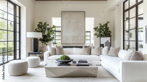 Minimalist living room with a clean white sofa, geometric coffee table, and neutraltoned accents, modern elegance, minimalist space