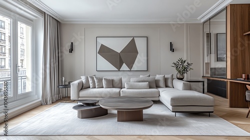 Minimalist living room with a plush gray sofa, geometric wall art, and sleek furniture, creating a calm and organized space, modern sophistication