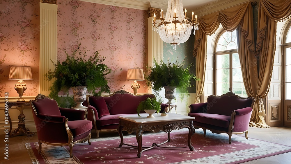 Elegant living room with bold wallpaper and chic furnishings Elegant living room with bold wallpaper and chic furnishings
