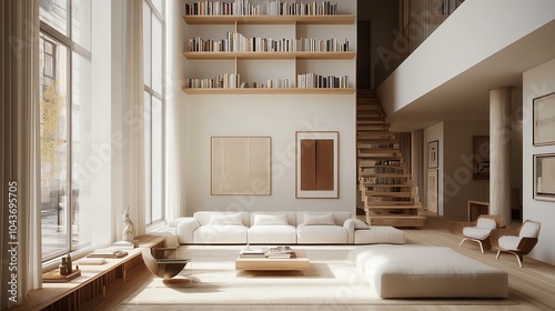 Minimalist living room with a floating bookshelf, light wood furniture, and clean white walls, modern simplicity, organized space