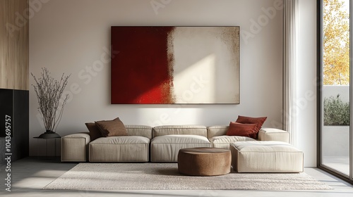 Minimalist living room with a cozy beige sofa, abstract art on the walls, and minimal decor, warm tones, modern simplicity