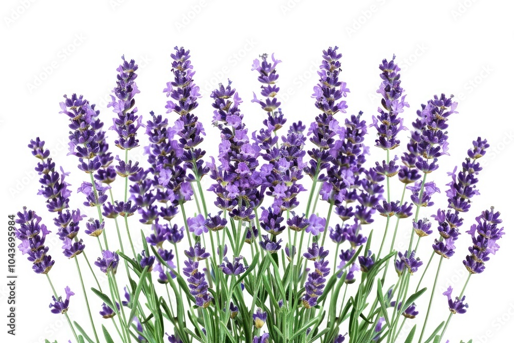 Obraz premium Purple lavender flowers with green leaves on a white background