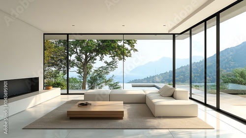 Minimalist living room with clean white furniture, a light wood coffee table, and large glass windows, highlighting open space and natural light, modern minimalism