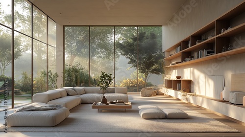 Minimalist living room with large windows, neutraltoned furniture, and open shelving, emphasizing simplicity and functionality, modern design, clean space