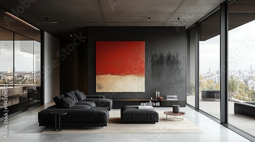Minimalist living room with sleek black furniture, a large abstract painting, and concrete floors, urban sophistication, modern simplicity