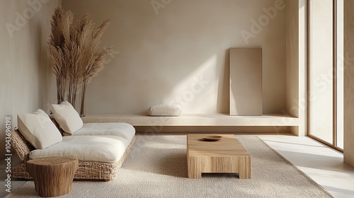 Minimalist living room with soft beige walls, light wood furniture, and minimalistic decor, creating a warm and inviting space, modern warmth, cozy simplicity