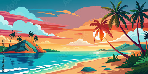 A natural landscape vector illustration of a tropical beach with palm trees and sunset.