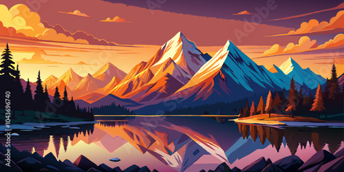 A natural landscape of golden sunshine and snow-capped mountains reflects in the lake.