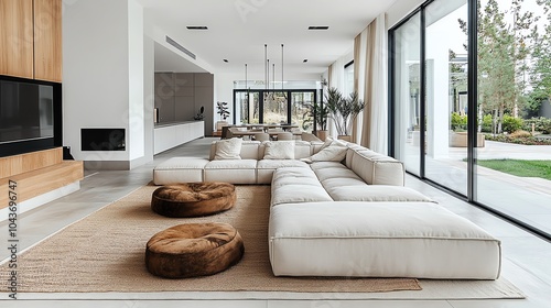 Spacious minimalist living room with a neutral palette, featuring a large sectional sofa, simple decor, and natural light, modern comfort, open space