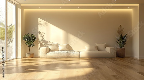 Spacious minimalist living room with a Scandinavianinspired design, featuring natural wood flooring, neutral walls, and minimal decor, Nordic style, modern elegance