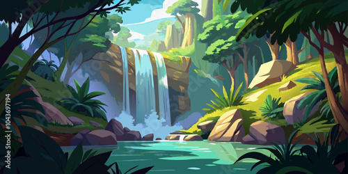 A natural landscape vector illustration of a majestic waterfall in a lush jungle.