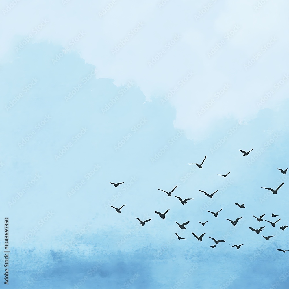 Fototapeta premium Abstract Watercolor Background with Silhouettes of Birds Flying in the Sky.