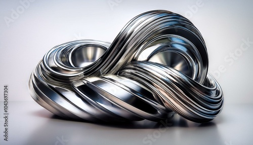 Abstract and futuristic metal art sculpture; modern sculpture using smooth shapes and curvatures; metal forms and lines of futuristic metal artwork; conceptual and abstractive metal art; artist work
