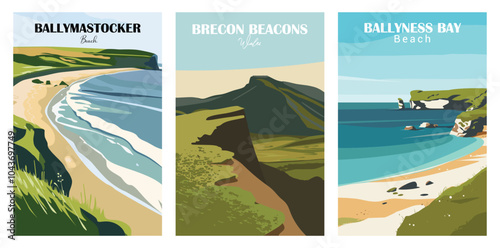 Travel poster of Ballymastocker Beach, Ballyness Bay, Brecon Beacons, Wales, vintage art decor poster design. Flat design, Trendy printable wall art with beautiful landscapes