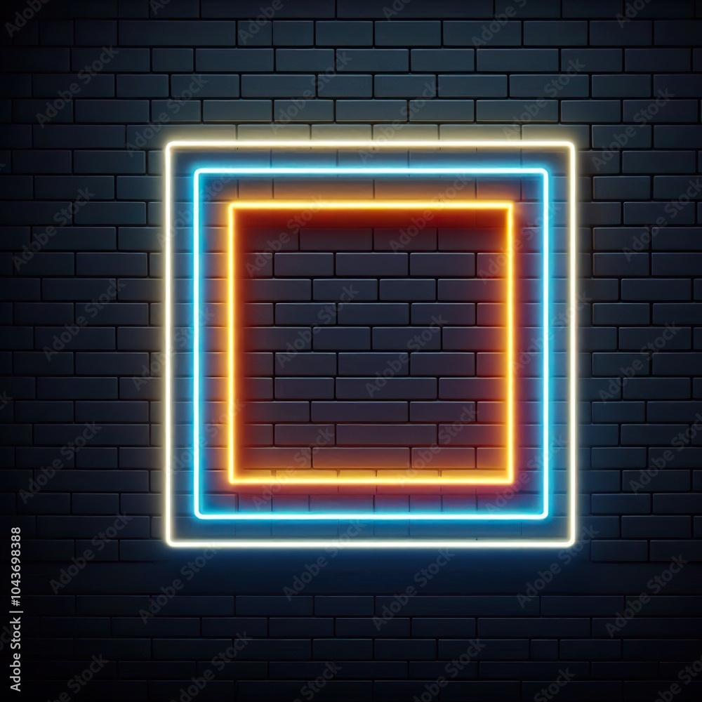 3D square Neon Glow Frame on Brick Wall, dark background 3D square Neon Glow Frame on Brick Wall, dark background