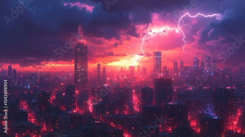 Dynamic urban storm, city skyline under dark clouds, vivid lightning illuminating modern architecture, intense weather contrast photo