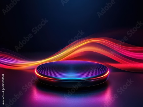 Illuminated circular platform with vibrant color waves against dark background symbolizing modern technology and innovation concepts photo