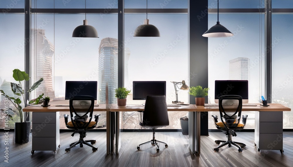 Modern interior office with computers on desk Modern interior office with computers on desk
