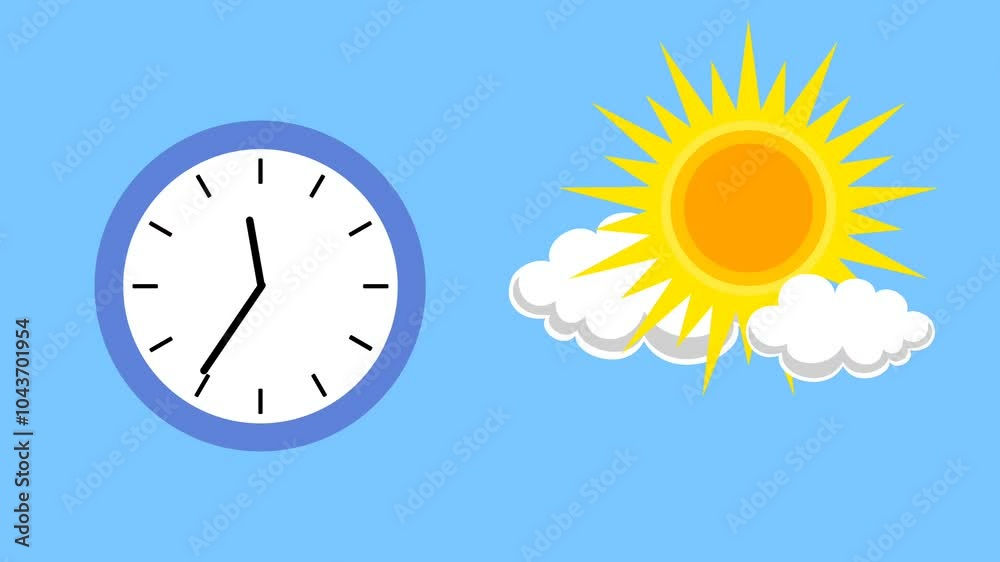 circle clock running while the change of time with sun and moon animation. revolution day turn to night and loop. flat cartoon design illustration. Isolated on blue background