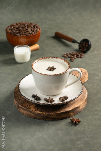Indian Chai Tea Latte with Star Anise: A ceramic cup of chai tea latte, topped with star anise for garnish, served on a wooden board. coffee beans, a milk jug, and star anise on the saucer.