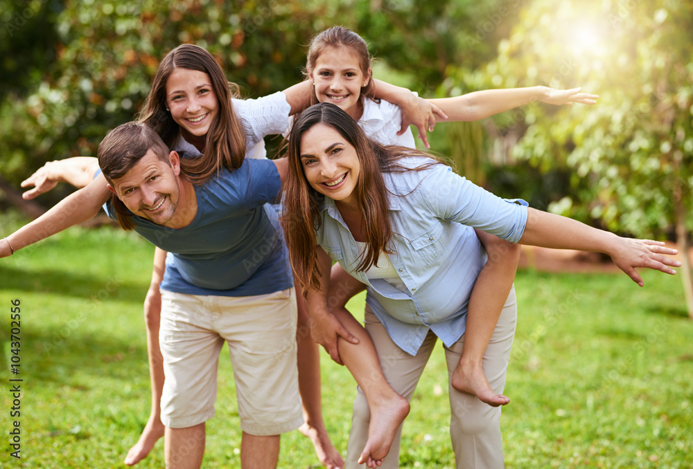 Parents, kids and portrait with piggyback on nature for holiday fun, bonding and relationship with love at park. Happy family, people or girl children outdoor for weekend together, playing or support Parents, kids and portrait with piggyback on nature for holiday fun, bonding and relationship with love at park. Happy family, people or girl children outdoor for weekend together, playing or support