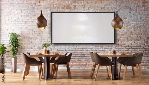 Modern rrestaurant interior with blank brick wall photo