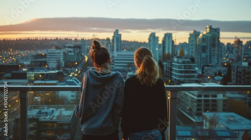 Two friends stand on a balcony overlooking a stunning cityscape backs to the camera as they chat and laugh over fancy tails. . .