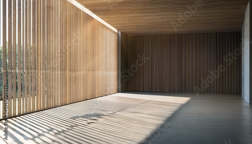 Perspective view on slatted concrete partition in sunlit abstract spacious hall with modern design project. 3D rendering photo