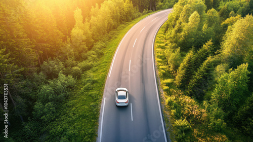 Aerial view of white car driving on winding highway surrounded by lush green trees, capturing beauty of nature and freedom of open road