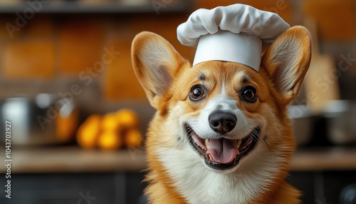 Corgi wearing a chef s hat, smiling against a bright orange background photo