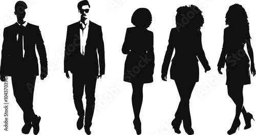 Silhouettes of a group of business professionals walking confidently, representing teamwork, collaboration, and corporate success.  
