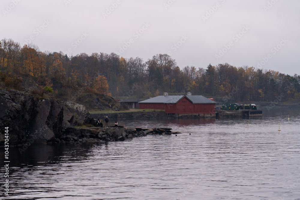 Oslo, Norway - October 20, 2024: Oslofjord (Oslofjorden), view of the bay and the island. Autumn forest Oslo, Norway - October 20, 2024: Oslofjord (Oslofjorden), view of the bay and the island. Autumn forest