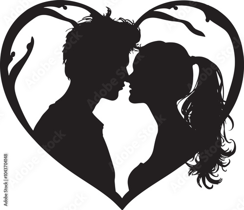 Romantic silhouette of a couple facing each other, enclosed in a decorative heart frame, symbolizing love, affection, and intimacy.  
