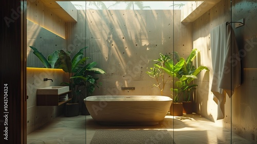 Modern bathroom with a bathtub, plants and a large window overlooking a tropical landscape.